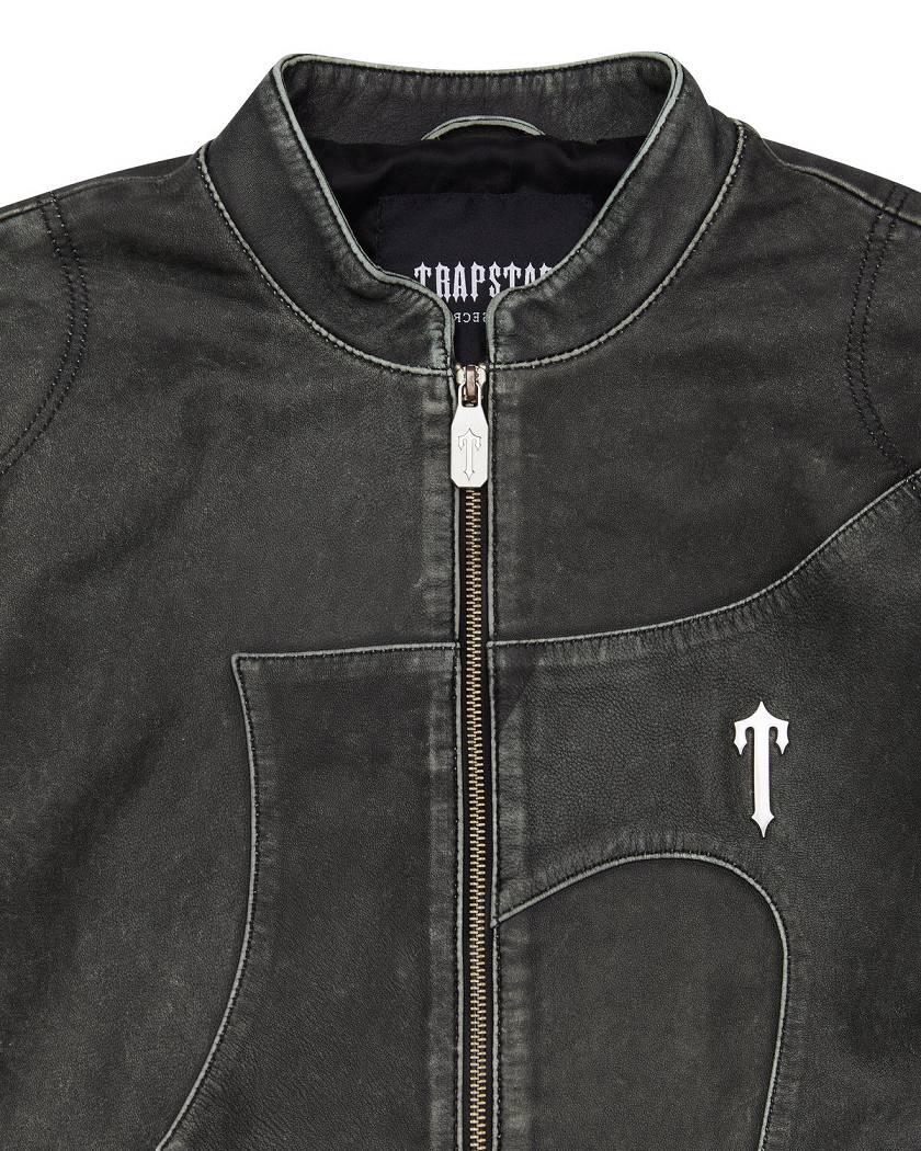 Trapstar Irongate T Panel Leather Biker Jacket 黒 | TS-65457