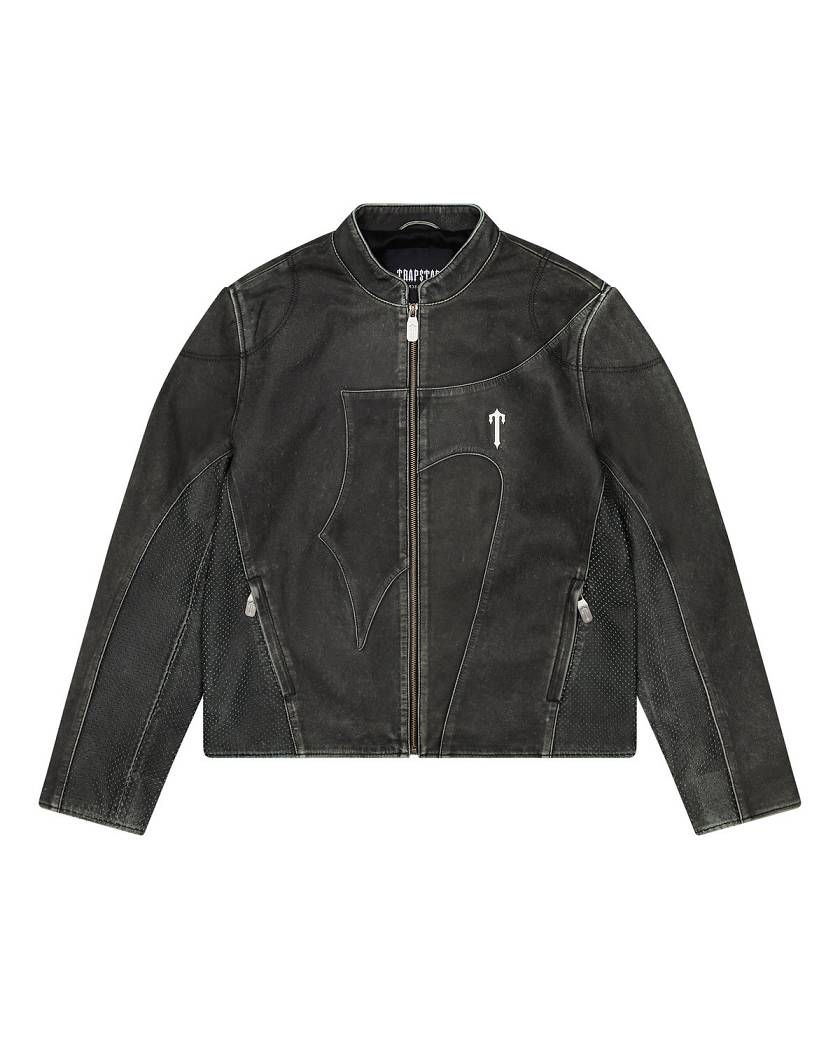 Trapstar Irongate T Panel Leather Biker Jacket 黒 | TS-65457