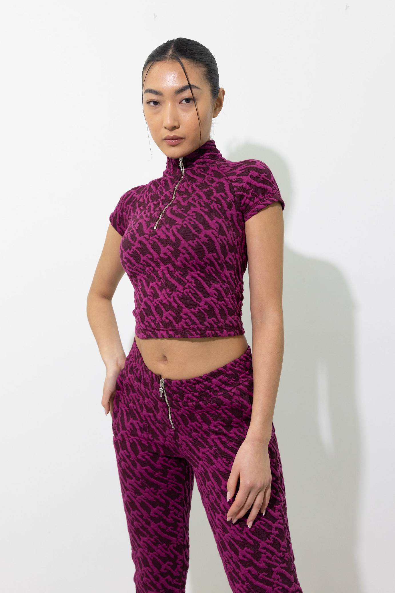 Trapstar Jacquard Fitted Zip Crop Top ボルドー ピンク | TS-65132
